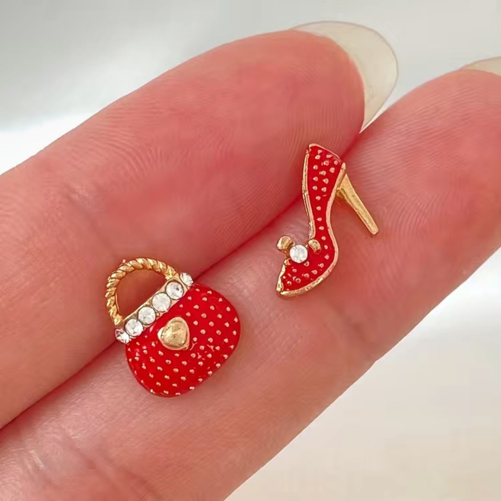 Rhinestone Earrings High Heel + Purse 14K Gold Plated - Red or Green NEW